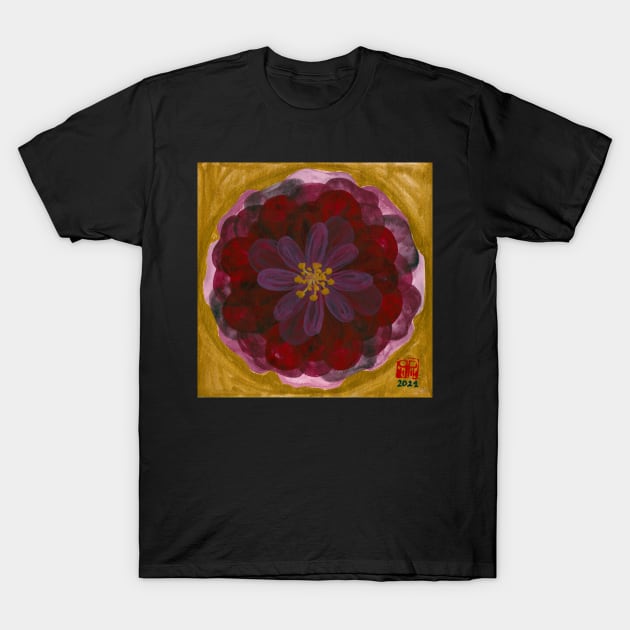 100 leaves dark red rose with gold background T-Shirt by Pragonette